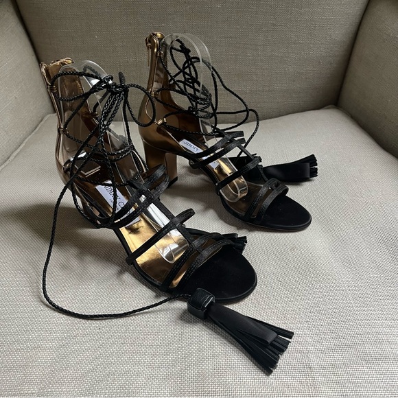 Jimmy Choo Caged Sandals Tassels Gold Patent Satin Diamond US 7 1/2 w Box - Picture 1 of 9